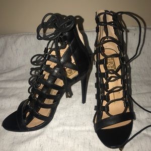 Black heel lace up ankle heel-  Wore once!